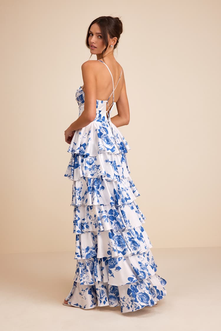 white and blue evening dress White Blue Floral Prom Dress | A-Line Long Evening Gown main image 0