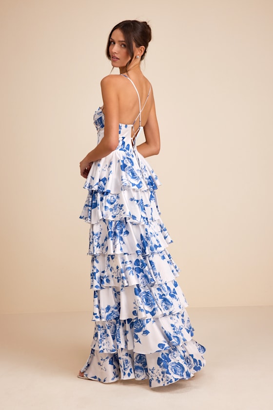 Arletta White and Blue Floral Satin Bustier Tiered Maxi Dress 3