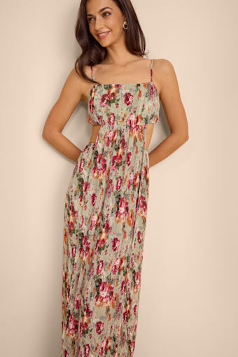 Adara Sage Floral Pleated Cutout Maxi Dress 1