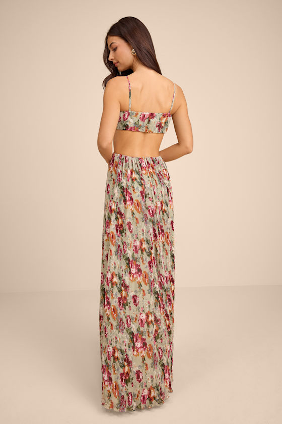 Adara Sage Floral Pleated Cutout Maxi Dress 4