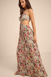 Adara Sage Floral Pleated Cutout Maxi Dress 5
