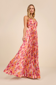 Dreaming in Color Pink Abstract V-Neck Pleated Satin Maxi Dress 1