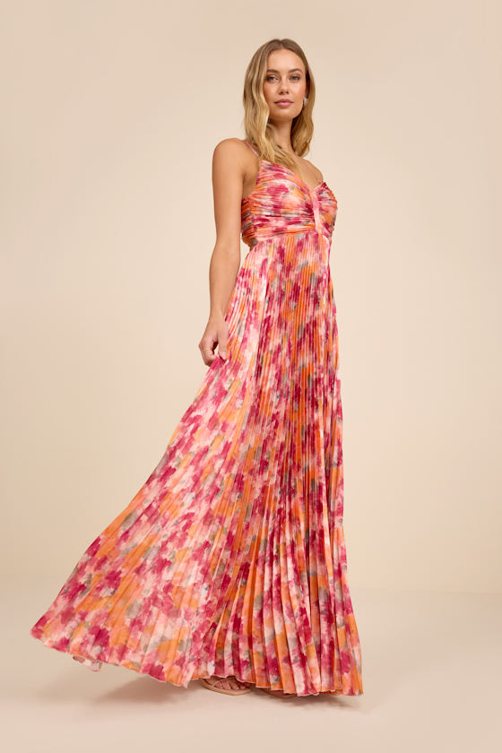 Dreaming in Color Pink Abstract V-Neck Pleated Satin Maxi Dress 1