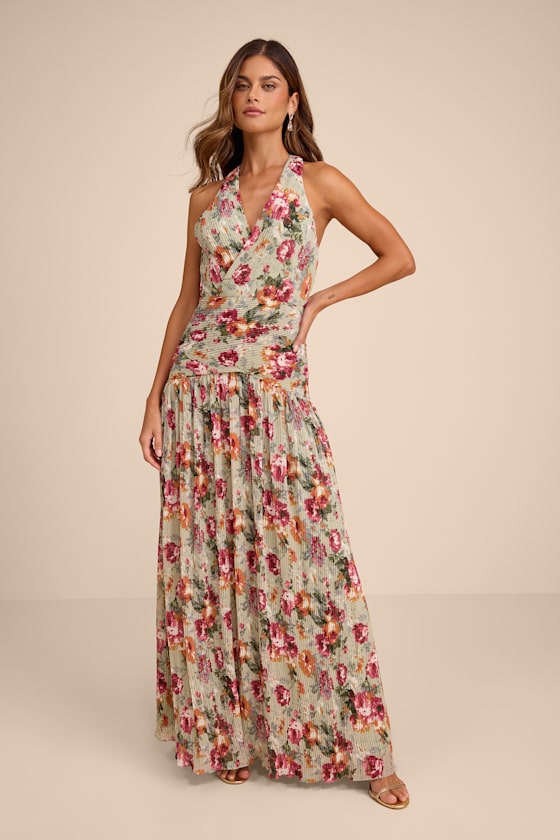 Image of Sylvanna Sage Floral Halter Drop Waist Maxi Dress