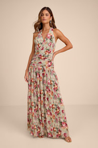 Sylvanna Sage Floral Halter Drop Waist Maxi Dress 2