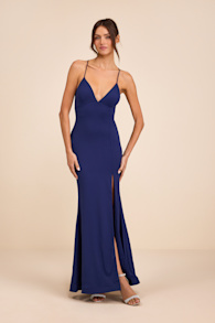 Ronelle Dark Blue Slinky Knit Lace-Up Maxi Dress 2