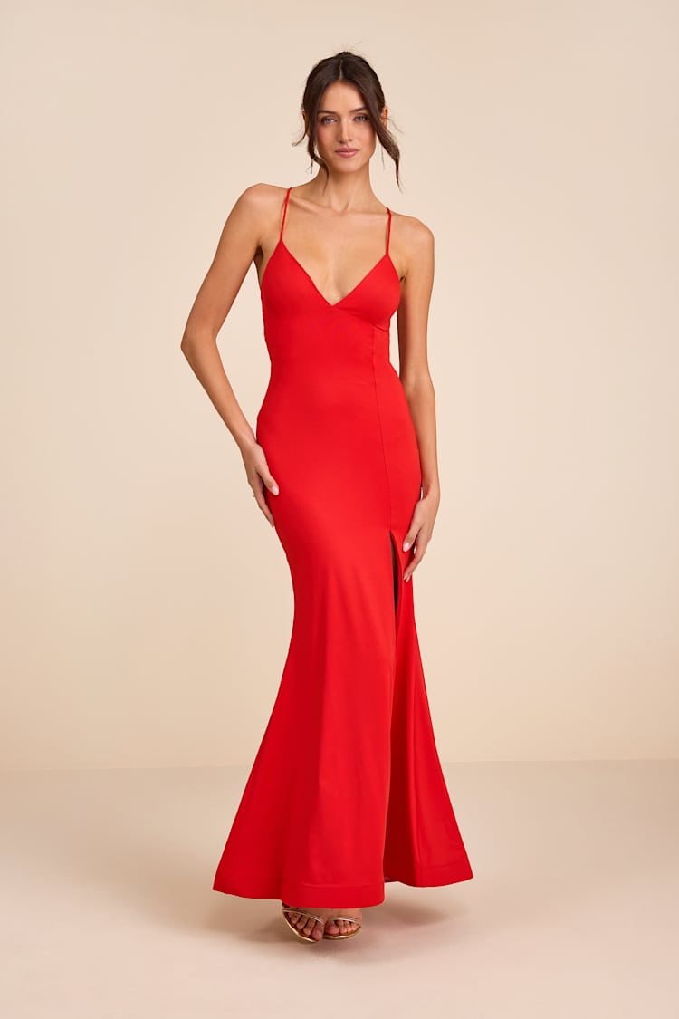 Ronelle Red Slinky Knit Lace-Up Maxi Dress