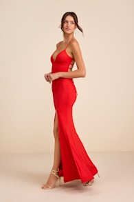 Ronelle Red Slinky Knit Lace-Up Maxi Dress 5