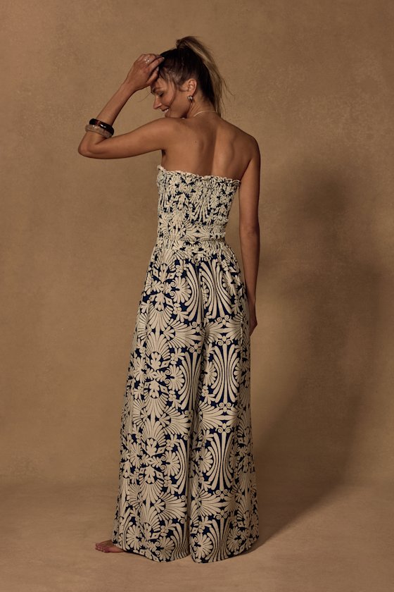 Indie Navy and Ivory Boho Print Wide-Leg Jumpsuit - thumbnail 3