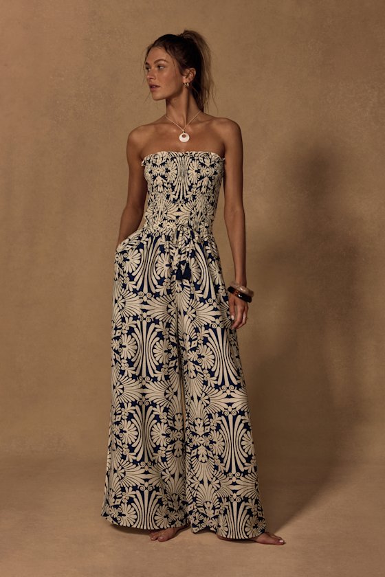 Indie Navy and Ivory Boho Print Wide-Leg Jumpsuit - thumbnail 5