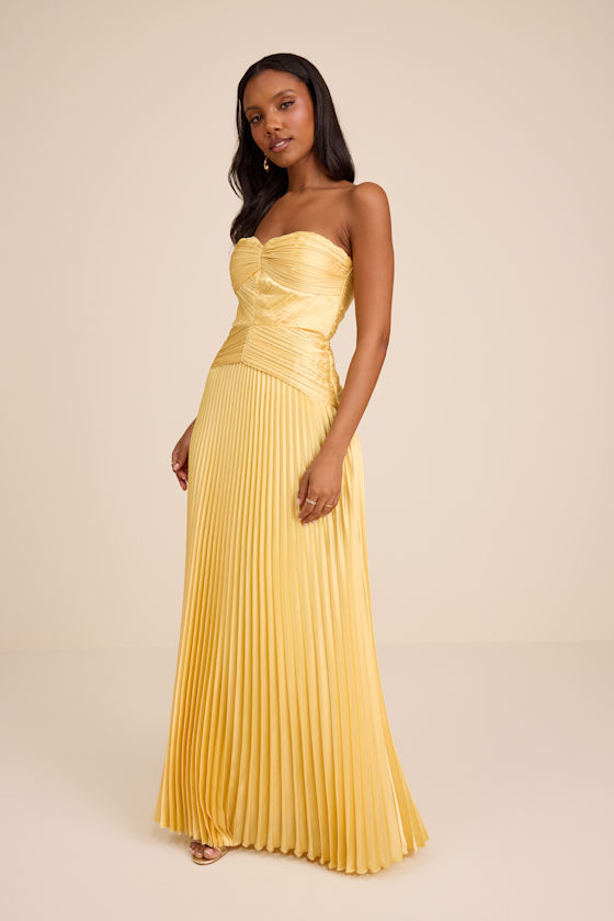 Image of Elkay Yellow Pleated Satin Drop Waist Maxi Dress