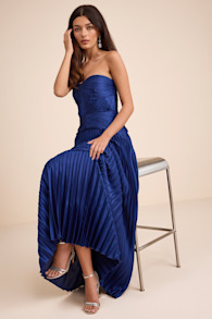 Elkay Navy Blue Pleated Satin Drop Waist Maxi Dress 1