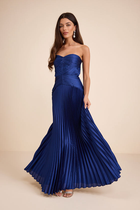 Navy Blue Pleated Dress - Strapless Dress - Drop Waist Maxi Dress - Image 2
