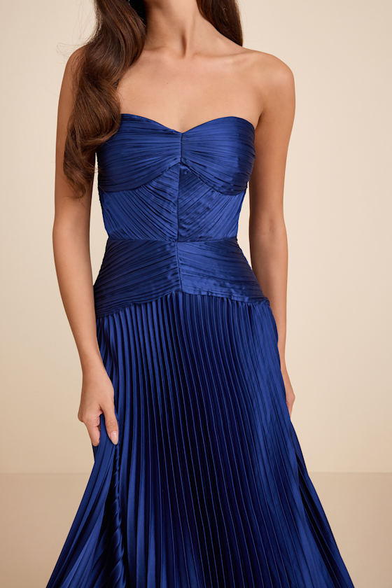 Navy Blue Pleated Dress - Strapless Dress - Drop Waist Maxi Dress - Image 3