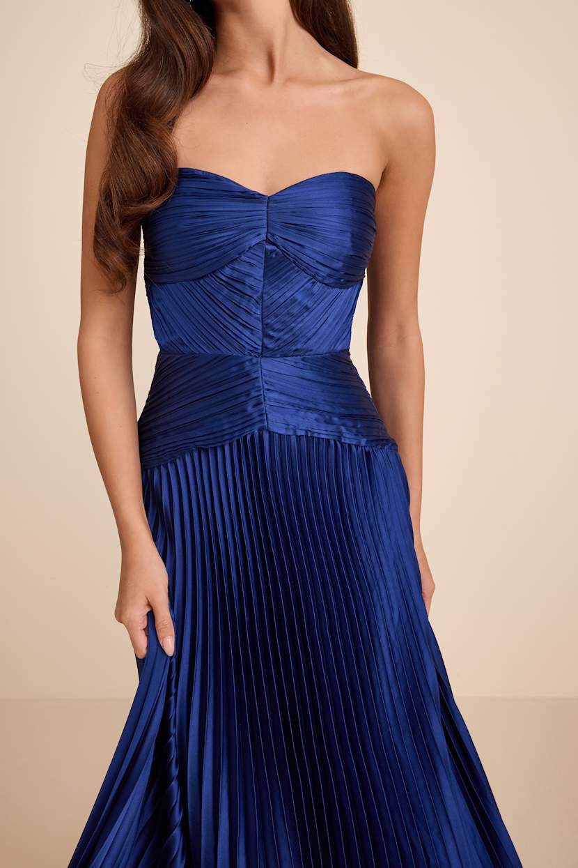 Navy Blue Pleated Dress - Strapless Dress - Drop Waist Maxi Dress - Lulus