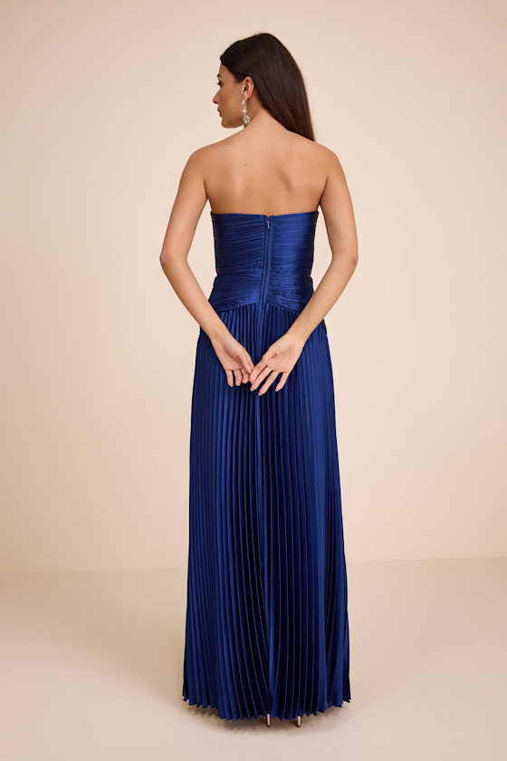 Navy Blue Pleated Dress - Strapless Dress - Drop Waist Maxi Dress - Image 4