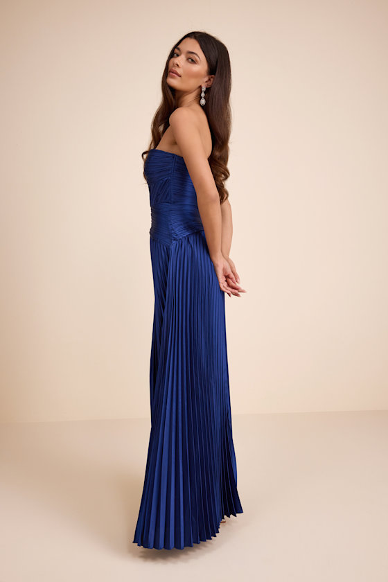 Navy Blue Pleated Dress - Strapless Dress - Drop Waist Maxi Dress - Image 5