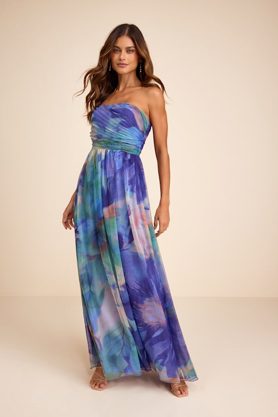 Galilea Blue Multi Floral Strapless Maxi Dress 1