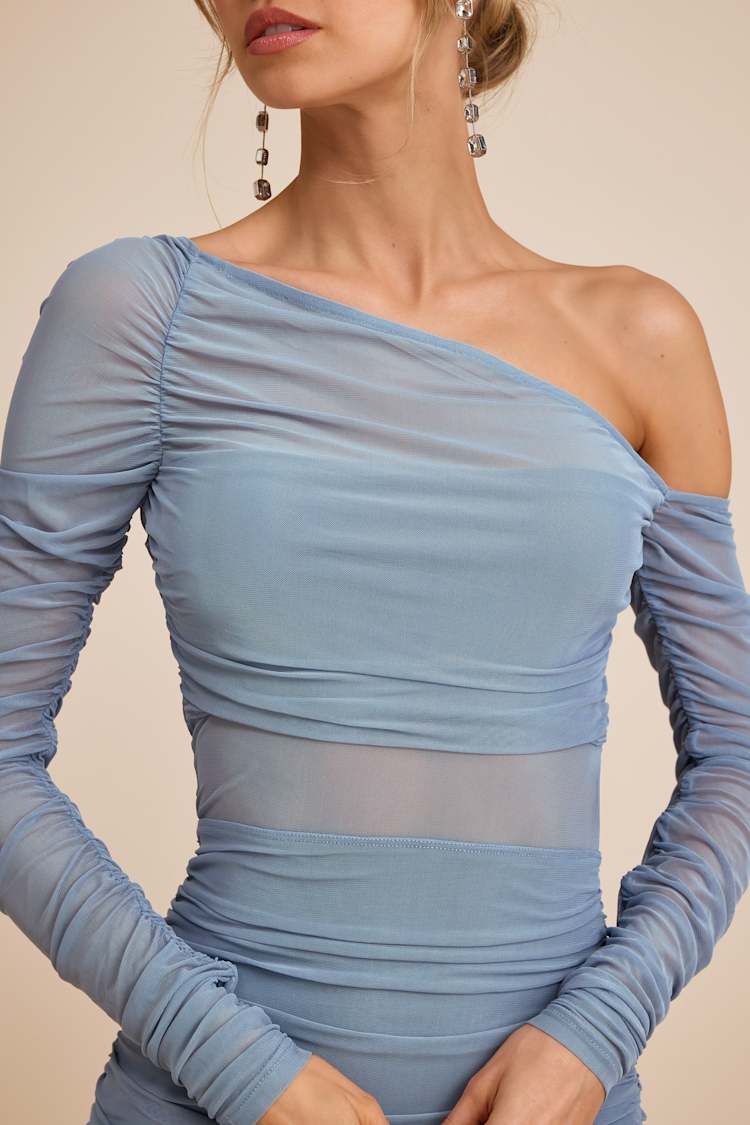 Slate Blue Mesh Dress - Asymmetrical Maxi Dress - Column Dress - Lulus