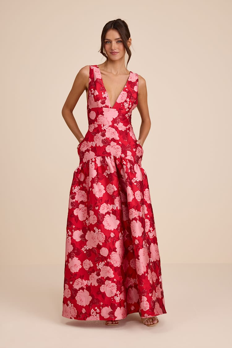 chinese dress ladies Atlas Beaded Floral Silk Tiered Drop-Waist Maxi Dress main image 0
