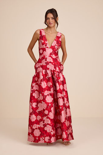 Valna Red Floral Jacquard Drop Waist Maxi Dress 2