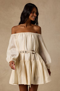 Ainsley Cream Off-the-Shoulder Belted Mini Dress 1