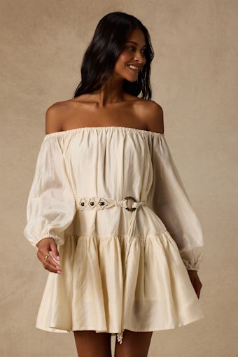 Ainsley Cream Off-the-Shoulder Belted Mini Dress 1