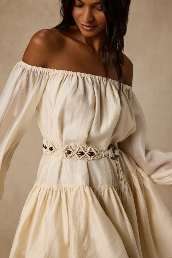Ainsley Cream Off-the-Shoulder Belted Mini Dress 2