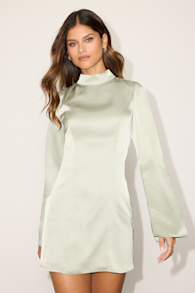 Melilla Pale Sage Satin Mock Neck Backless Mini Dress 2