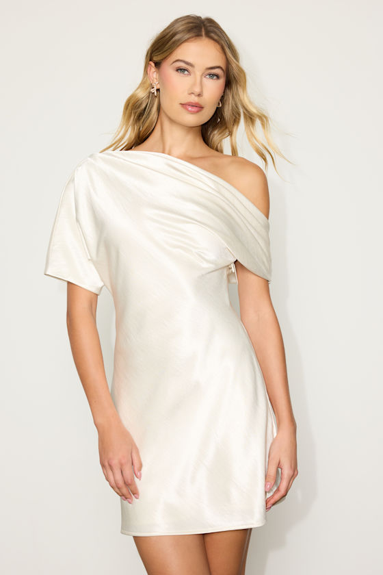 Ivory Satin Mini Dress - Asymmetrical Mini Dress - Satin Mini - Lulus