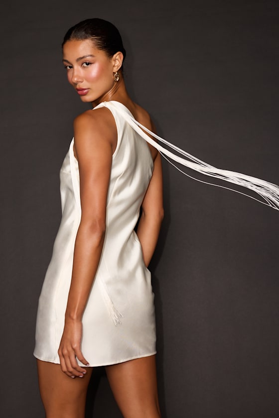 Deva Ivory Satin One-Shoulder Fringe Mini Dress 4