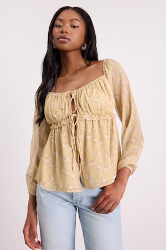 Lemmie Yellow Floral Chiffon Tie-Front Long Sleeve Top 1