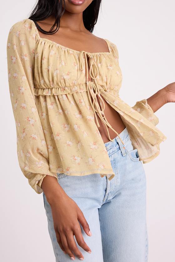 Yellow Floral Chiffon Blouse - Peplum Blouse - Tie-Front Blouse - Image 2