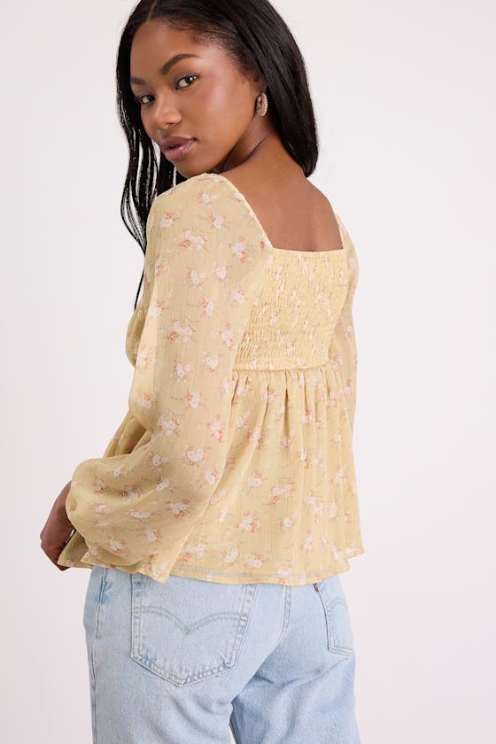 Yellow Floral Chiffon Blouse - Peplum Blouse - Tie-Front Blouse - Image 3