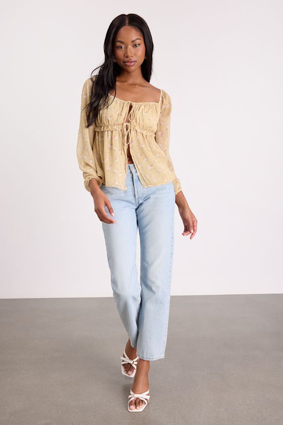 Yellow Floral Chiffon Blouse - Peplum Blouse - Tie-Front Blouse - Image 4