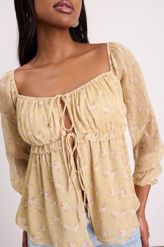 Yellow Floral Chiffon Blouse - Peplum Blouse - Tie-Front Blouse - Image 5