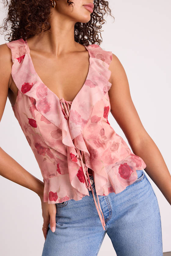 Ivanna Dusty Pink Floral Ruffled Tie-Front Tank Top - thumbnail 2