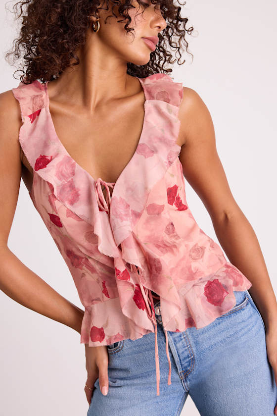 Ivanna Dusty Pink Floral Ruffled Tie-Front Tank Top - thumbnail 4