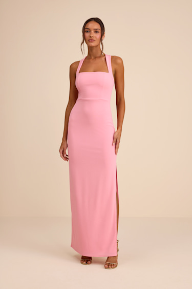 strapless open back dress Pink Floral Ruffle Slip Chiffon Maxi Dress main image 0