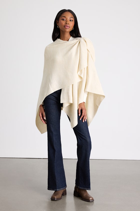 Heather Beige Poncho - Wrap Poncho - Knotted Wrap Shawl - Poncho