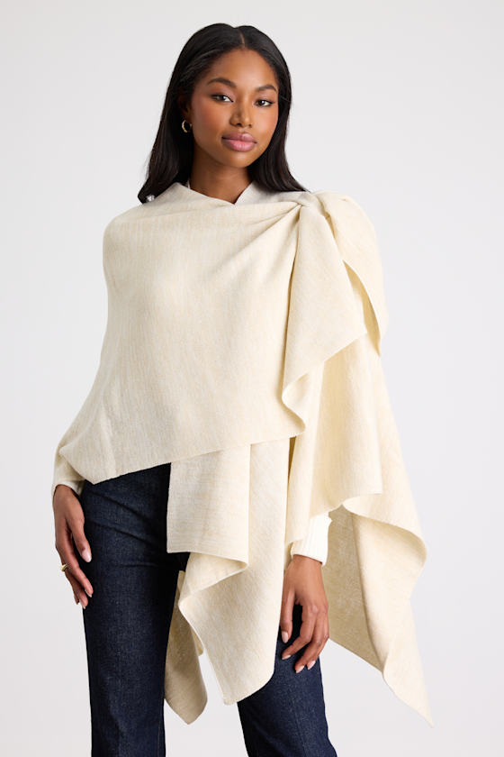 Heather Beige Poncho - Wrap Poncho - Knotted Wrap Shawl - Poncho