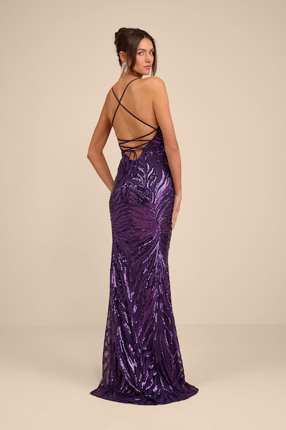 Shiny Dark Purple Gown - Mermaid Maxi Dress - Lace-Up Maxi Dress - Lulus