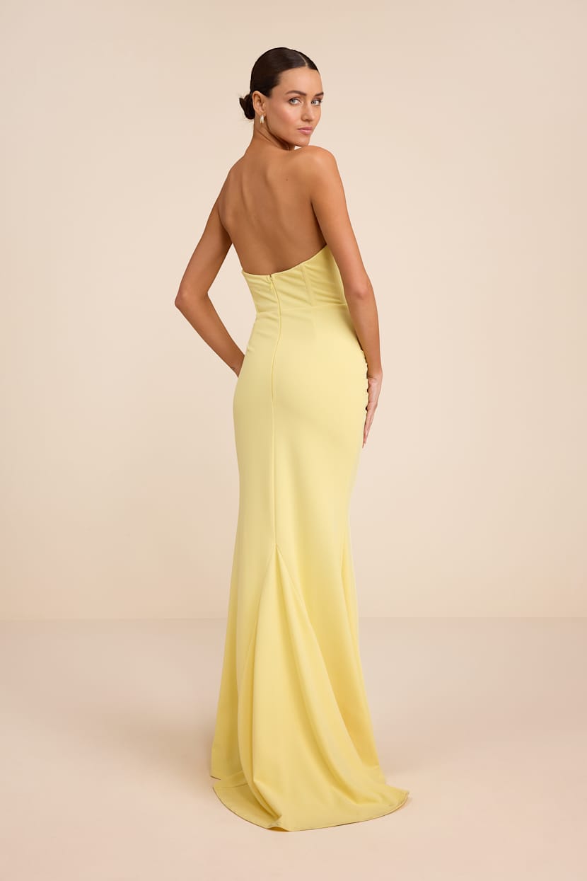 white christmas dresses Miss Circle Women's Ersilia Pale Yellow Satin Lace Peplum Corset Off Shoulder Maxi Dress