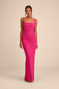 Amazing Presence Fuchsia Mesh Ruched Column Maxi Dress 1