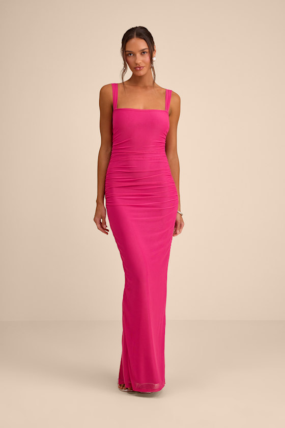 Amazing Presence Fuchsia Mesh Ruched Column Maxi Dress 1