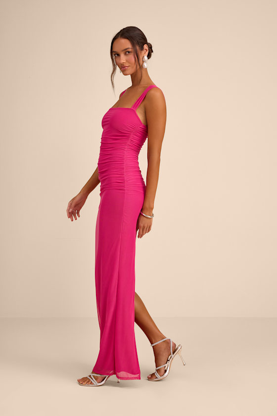 Fuchsia Mesh Maxi Dress - Ruched Maxi Dress - Column Maxi Dress - Image 4