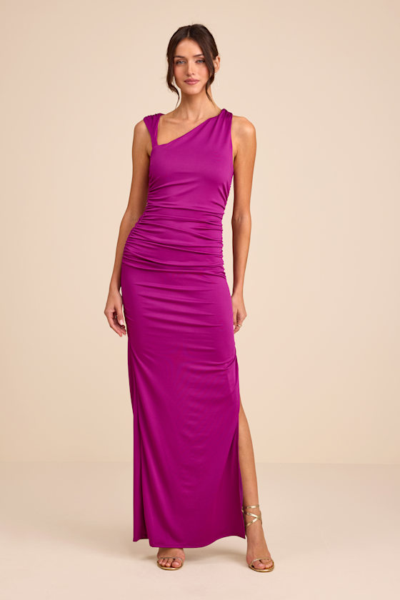 Enticing Darling Magenta Asymmetrical Ruched Maxi Dress 1