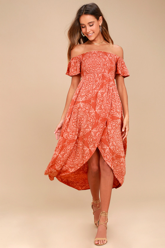 Aviva Terra Cotta Print Off-the-Shoulder Midi Dress
