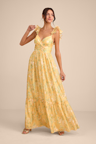 Soiree Perfection Yellow Floral Ruffled Tiered Maxi Dress 1