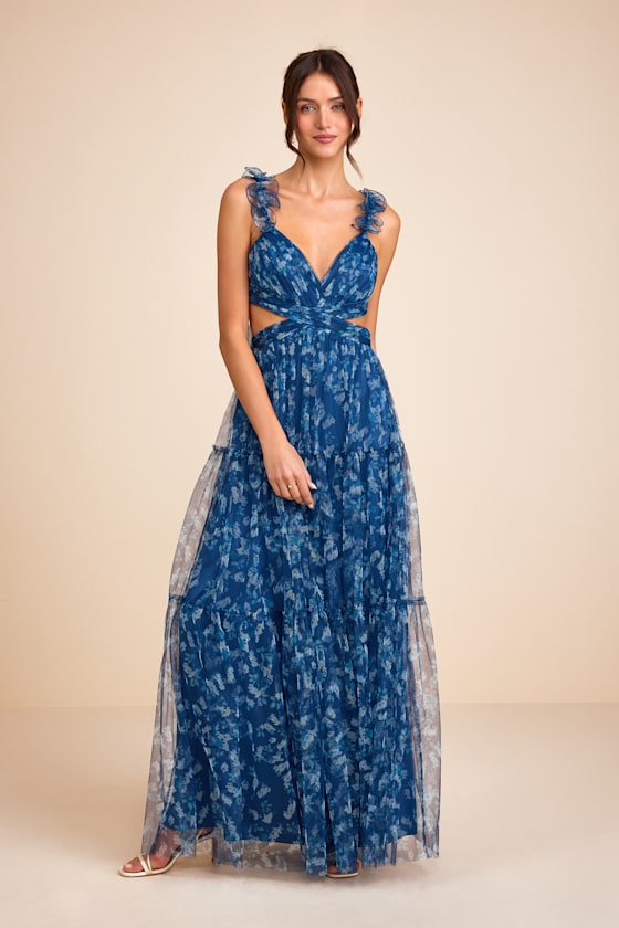 Ethereal Love Blue Floral Pleated Tiered Tie-Back Maxi Dress 2